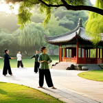 **

A serene park scene: A group of people practicing Tai Chi in the early morning sunlight. Lush green trees surround them, with a traditional Chinese pavilion visible in the background. Focus on the peaceful atmosphere and the connection between people and nature. (Consider adding elements that resonate with Chinese culture for further localization).

**