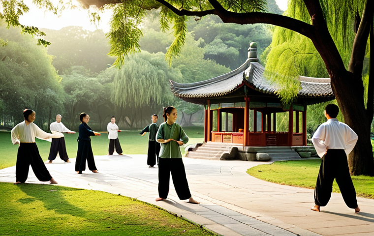 **

A serene park scene: A group of people practicing Tai Chi in the early morning sunlight. Lush green trees surround them, with a traditional Chinese pavilion visible in the background. Focus on the peaceful atmosphere and the connection between people and nature. (Consider adding elements that resonate with Chinese culture for further localization).

**