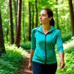 A serene adult woman, fully clothed in modest activewear, with a calm and contemplative expression, walking slowly through a lush, sun-dappled forest. She is observing the vibrant green foliage around her, connecting with nature. Soft light filters through the trees, creating a peaceful ambiance. Perfect anatomy, correct proportions, natural pose, well-formed hands, proper finger count, natural body proportions. High-quality professional photography, harmonious colors, sharp focus, safe for work, appropriate content, fully clothed, modest, family-friendly.