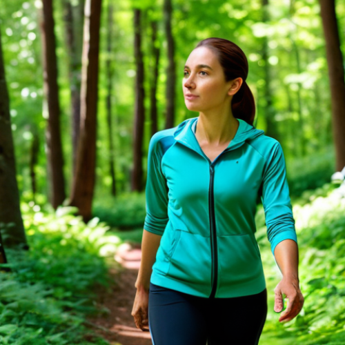 A serene adult woman, fully clothed in modest activewear, with a calm and contemplative expression, walking slowly through a lush, sun-dappled forest. She is observing the vibrant green foliage around her, connecting with nature. Soft light filters through the trees, creating a peaceful ambiance. Perfect anatomy, correct proportions, natural pose, well-formed hands, proper finger count, natural body proportions. High-quality professional photography, harmonious colors, sharp focus, safe for work, appropriate content, fully clothed, modest, family-friendly.