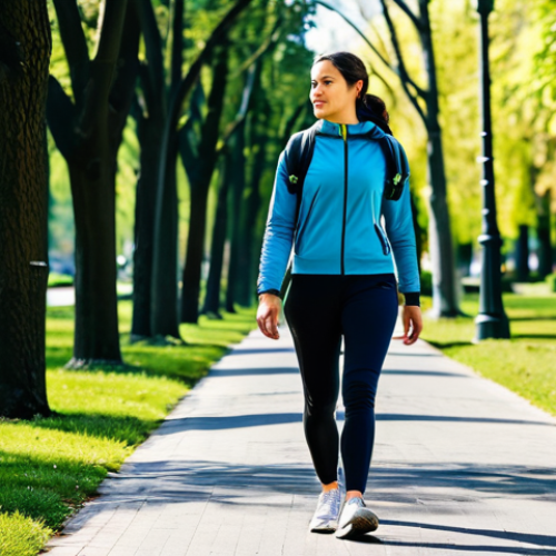 그린 운동 처방의 진화를 위한 제안 - **Urban Hiking:** "A professional woman in modest athletic wear, briskly walking through a sunny cit...