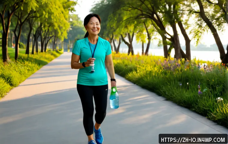그린 운동 처방과 환경 보호의 연관성 - Photorealistic morning scene of a middle-aged Asian woman following a green exercise prescription, b...