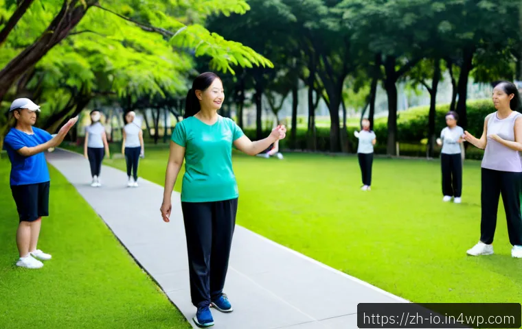 그린 운동 처방의 효과적인 교육 방법 - Photorealistic community health educator guiding a small group of middle-aged and older East Asian a...